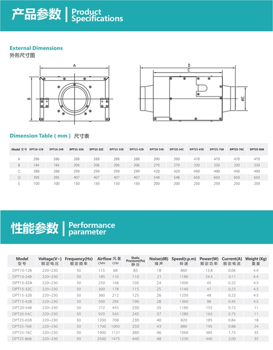 纳新管道式排气扇规格